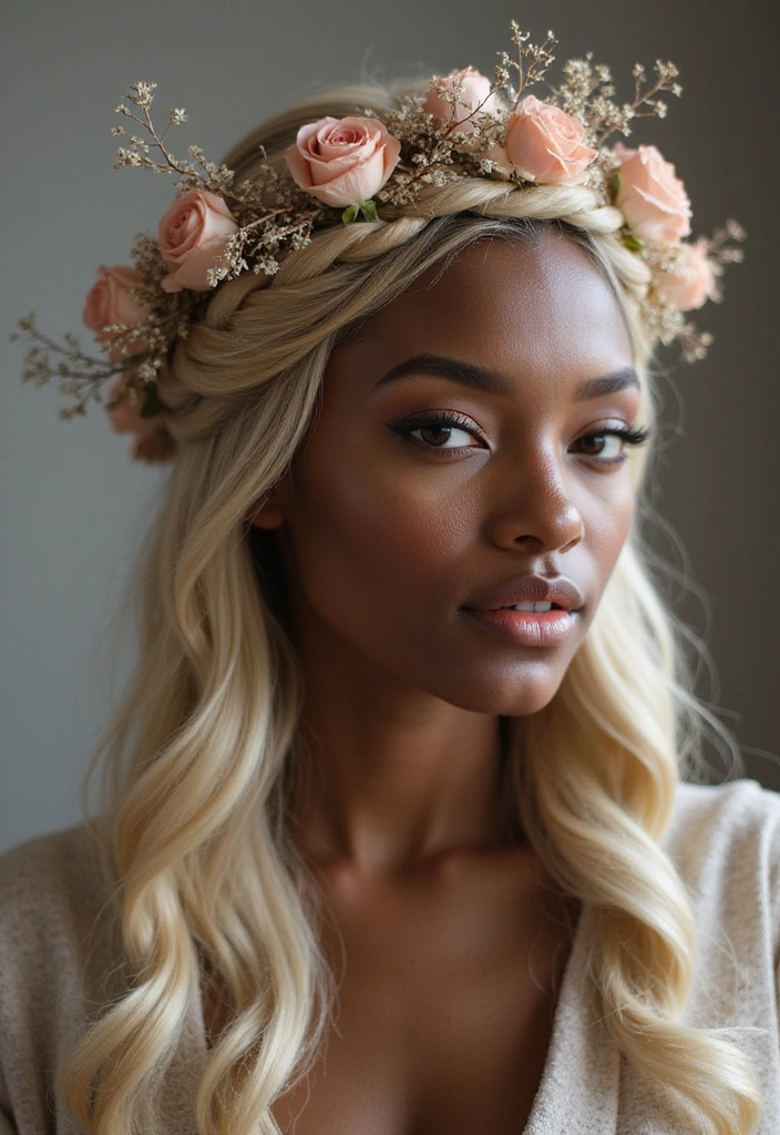 23 Celebrity-Approved Blonde Braids for Black Women You Can Copy! - 20. Stunning Braided Crown with Floral Accents
