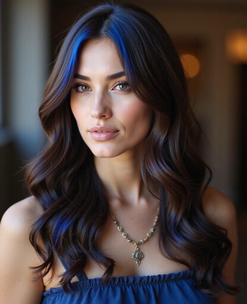 20 Eye-Catching Brown Hair with Blue Highlights Ideas to Rock in 2025! - 11. Medium Brown with Sapphire Blue Highlights
