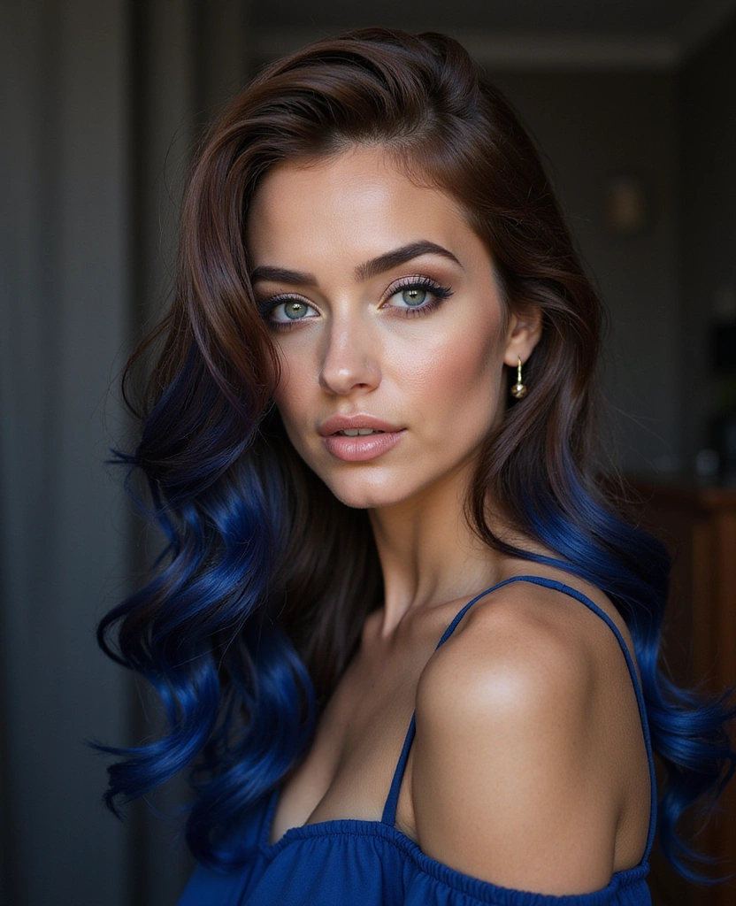 20 Eye-Catching Brown Hair with Blue Highlights Ideas to Rock in 2025! - 12. Rich Brown with Cobalt Blue Lowlights
