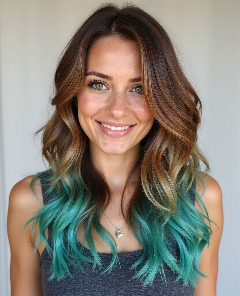 20 Eye-Catching Brown Hair with Blue Highlights Ideas to Rock in 2025! - 4. Warm Caramel Brown with Teal Highlights