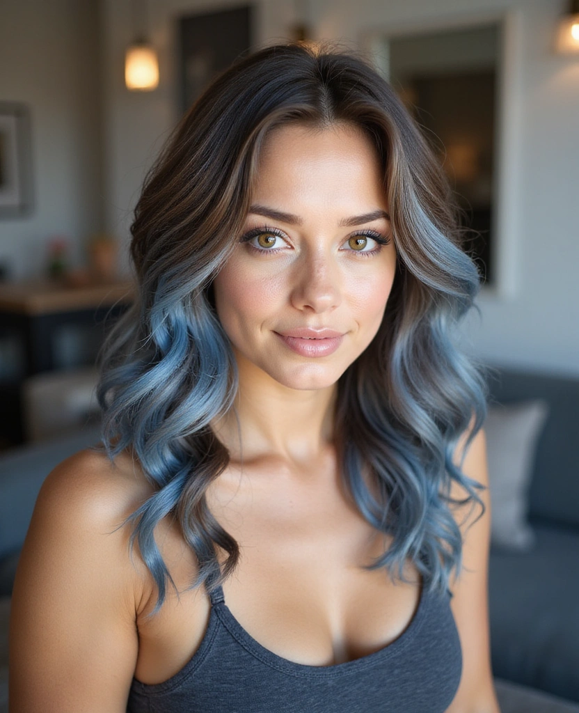 20 Eye-Catching Brown Hair with Blue Highlights Ideas to Rock in 2025! - 6. Light Chestnut Brown with Denim Blue Streaks