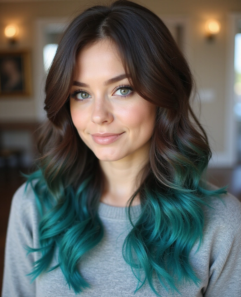 20 Eye-Catching Brown Hair with Blue Highlights Ideas to Rock in 2025! - 9. Chocolate Brown with Teal Ombre