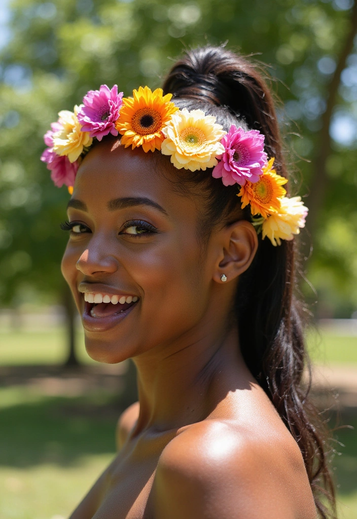 22 Chic High Ponytail Looks for Black Women That Are Effortless to Style! - 22. High Ponytail with a Flower Crown