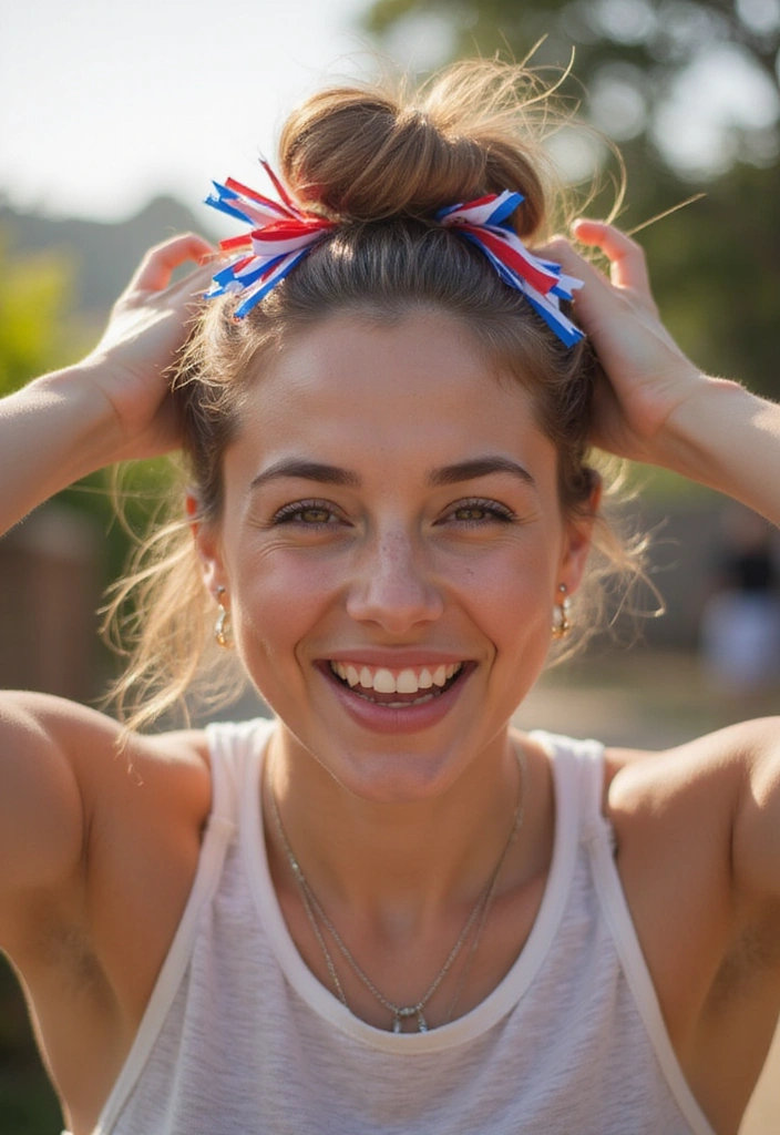 33 Celebration-Worthy 4th of July Hairstyles for Women in 2025! - 33. Bun with Red, White, and Blue Ribbons