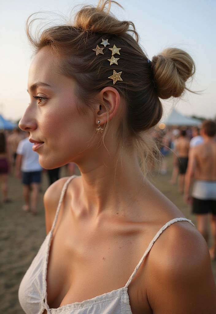 33 Celebration-Worthy 4th of July Hairstyles for Women in 2025! - 4. Messy Bun with Stars