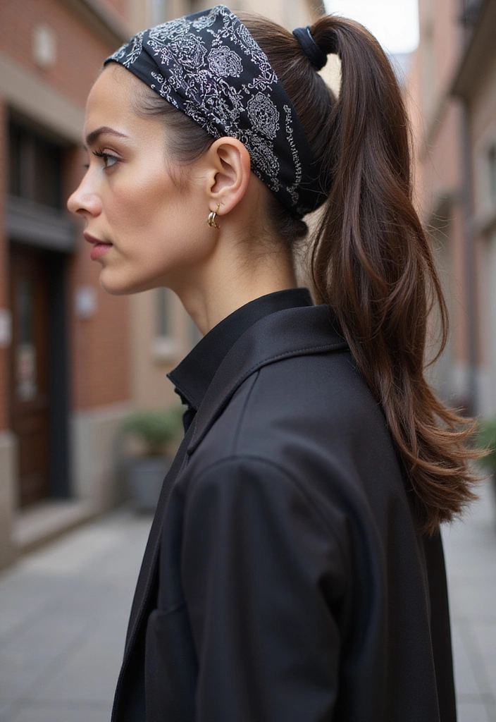 33 Easy-to-Do Bandanna Hairstyles for Women on the Go! - 17. Sleek High Ponytail with Bandanna