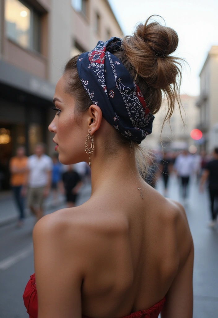 33 Easy-to-Do Bandanna Hairstyles for Women on the Go! - 2. Twisted Bun with Bandanna