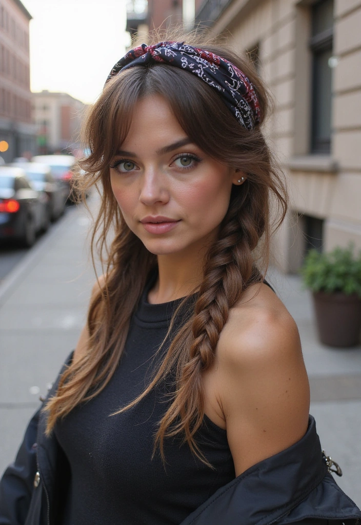 33 Easy-to-Do Bandanna Hairstyles for Women on the Go! - 21. Edgy Messy Side Braid with Bandanna