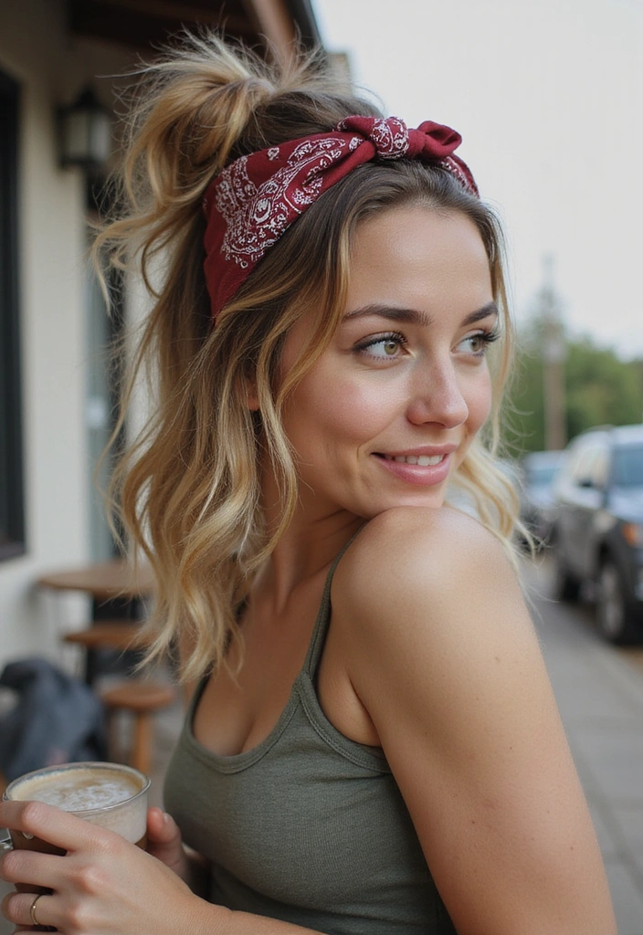 33 Easy-to-Do Bandanna Hairstyles for Women on the Go! - 23. Half-Up Messy Bun with Bandanna
