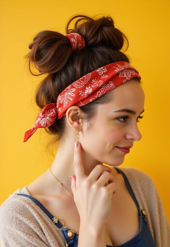 33 Easy-to-Do Bandanna Hairstyles for Women on the Go! - 25. Fun Bandanna Layered Bun