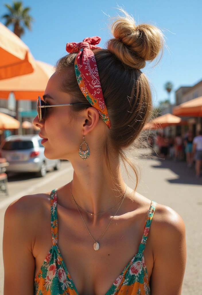 33 Easy-to-Do Bandanna Hairstyles for Women on the Go! - 4. Bandanna Scarf Top Knot