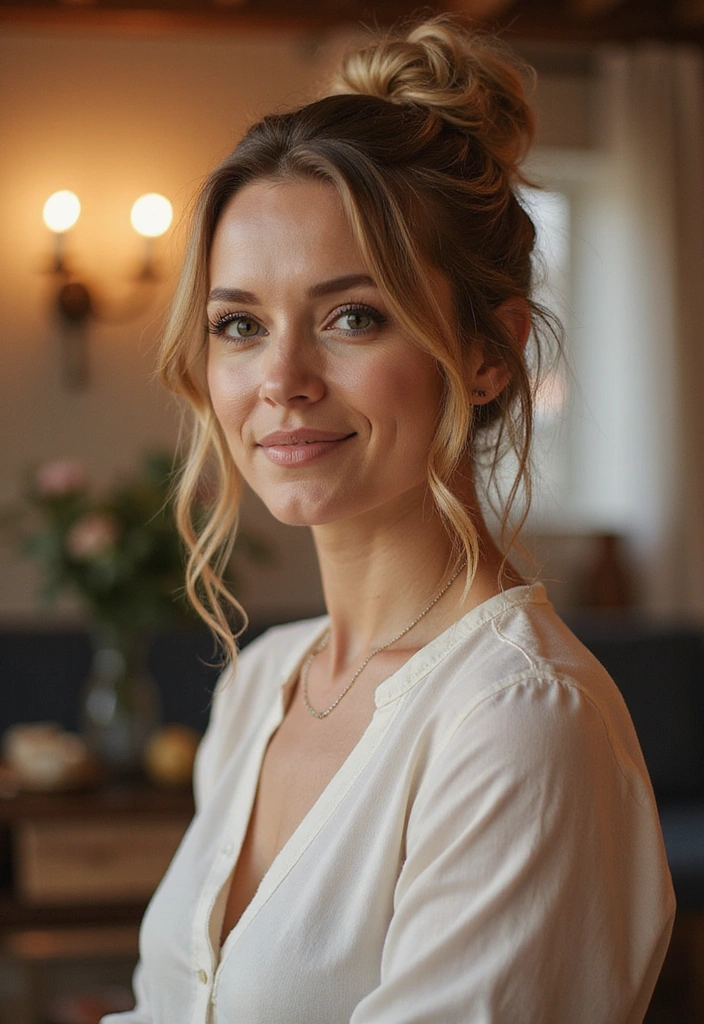33 Timeless Mother of the Bride Hairstyles Over 50 That Radiate Elegance! - 17. Casual Messy Bun