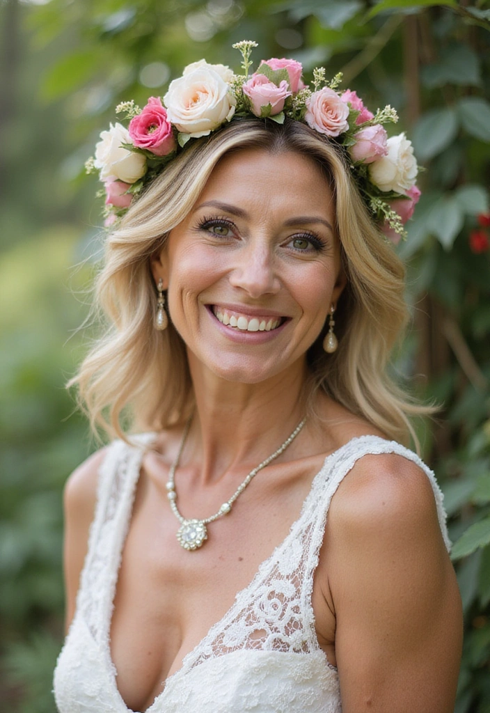 33 Timeless Mother of the Bride Hairstyles Over 50 That Radiate Elegance! - 32. Whimsical Flower Crown
