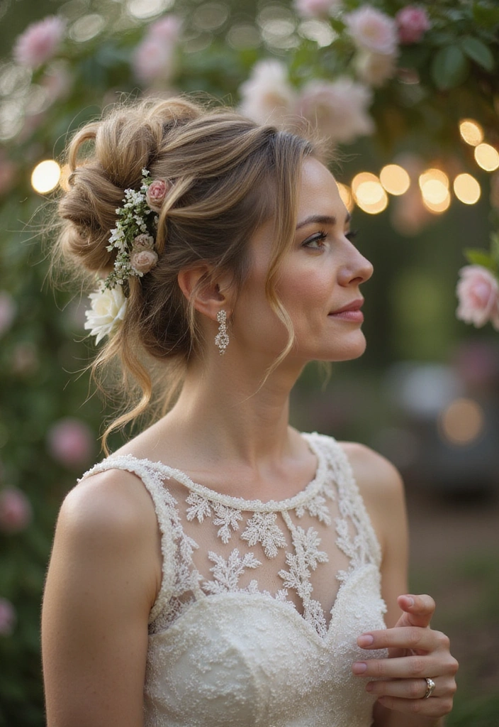 33 Timeless Mother of the Bride Hairstyles Over 50 That Radiate Elegance! - 9. Loose Updo with Floral Accents