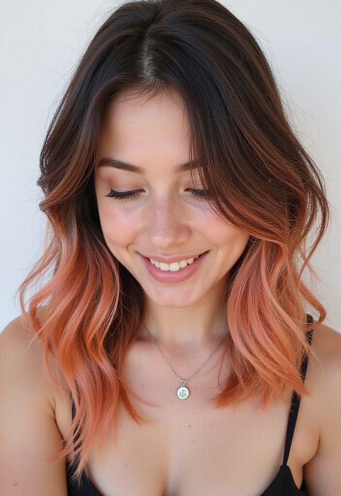 33 Trendy Balayage Styles for Dark Brown Hair Perfect for Any Season! - 16. Soft Peach Balayage