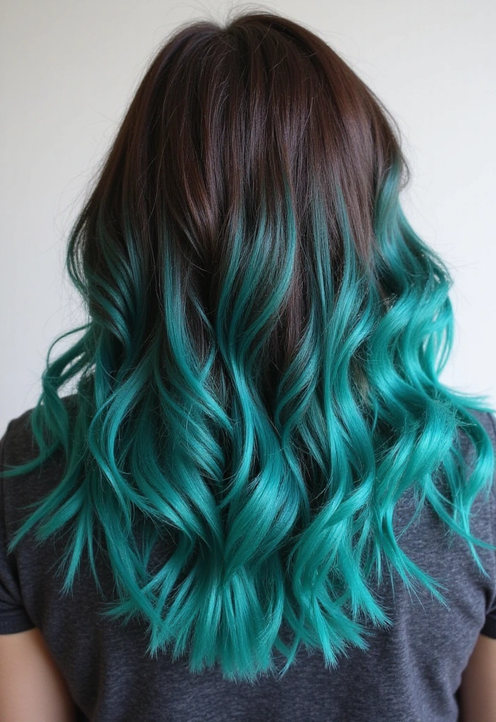 33 Trendy Balayage Styles for Dark Brown Hair Perfect for Any Season! - 21. Bright Teal Balayage