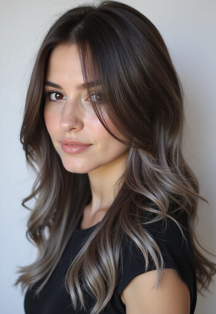 33 Trendy Balayage Styles for Dark Brown Hair Perfect for Any Season! - 24. Silver Ash Balayage