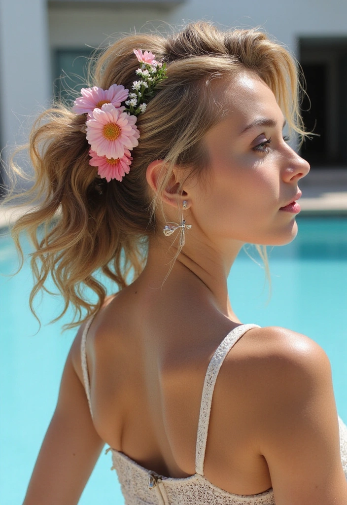 37 Effortless Pool Hair Ideas for Women (Stay Stylish and Protected!) - 20. Floral Hair Accessories