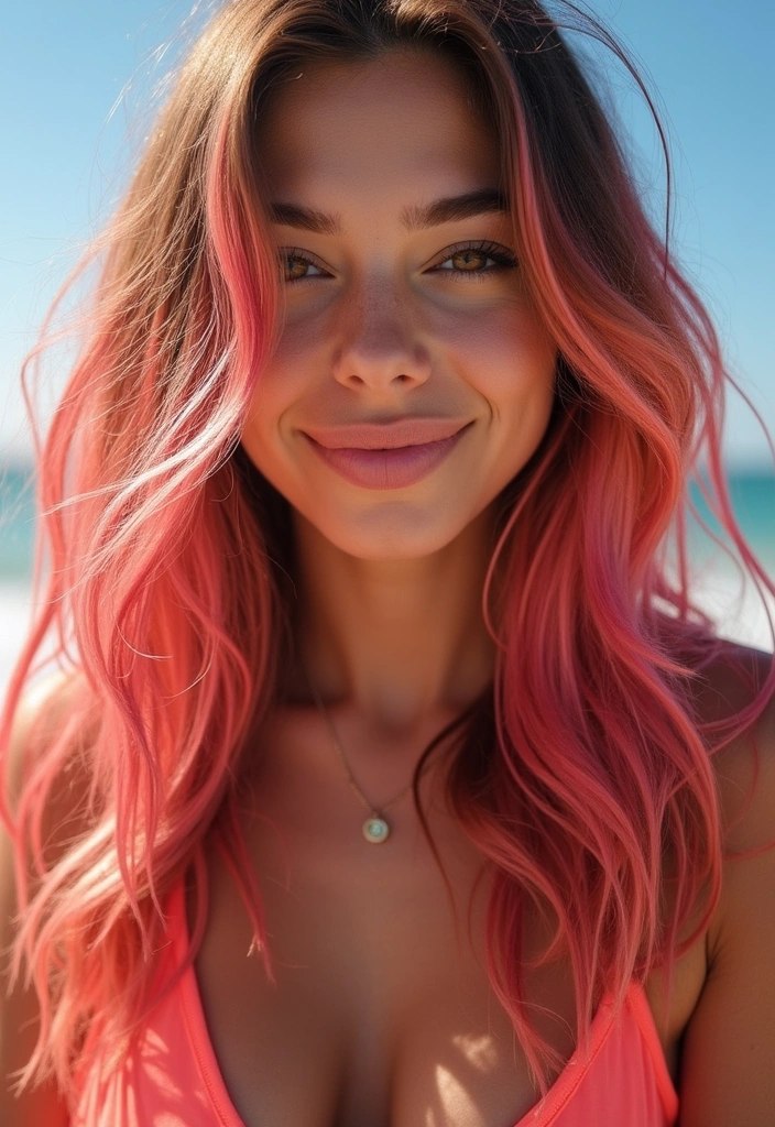 38 Eye-Catching Pink Highlights for Brown Hair in 2025 (Dare to Be Bold!) - 21. Bright Pink Sun-kissed Highlights