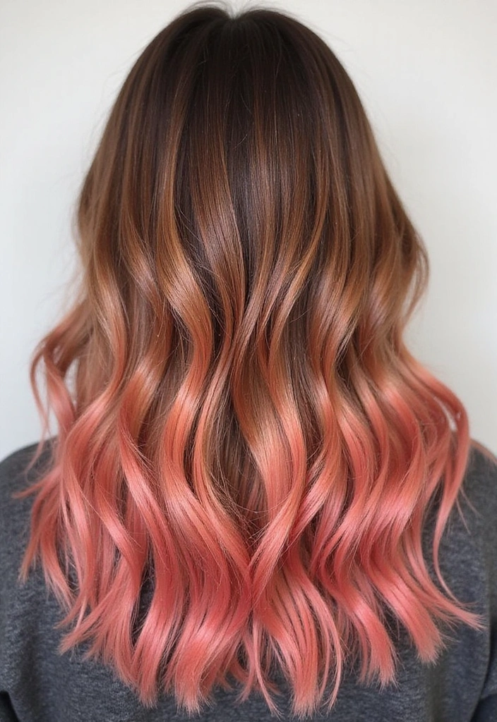 38 Eye-Catching Pink Highlights for Brown Hair in 2025 (Dare to Be Bold!) - 22. Salmon Pink Highlights