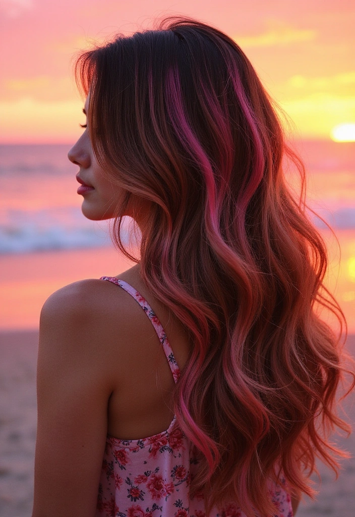 38 Eye-Catching Pink Highlights for Brown Hair in 2025 (Dare to Be Bold!) - 24. Sunset Slice Highlights